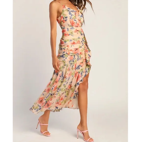 NWT Lulus | Stunning Soiree Blush Pink Floral Print Ruched Midi Dress Womens XL - Picture 2 of 10